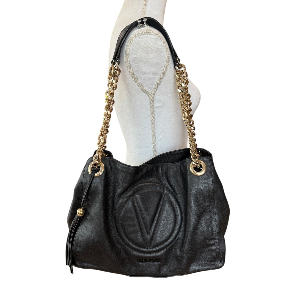 Valentino Black Leather V Logo Chain‎ Shoulder Bag Made in Italy